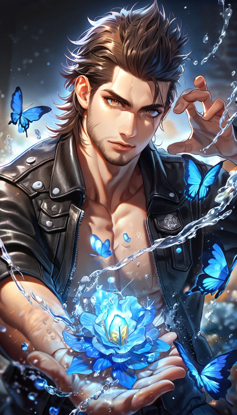 absurdres, highres, ultra detailed, HDR, master piece, best quality, extremely detailed, Gladiolus Amicitia, brown hair, expressive brown eyes, Final Fantasy XV, solo, sexy man, handsome, black leather jacket, bare chest, toned, fantasy, magic, sparkling, water, blue moon, blue flowers, blue butterflies, blue fireflies