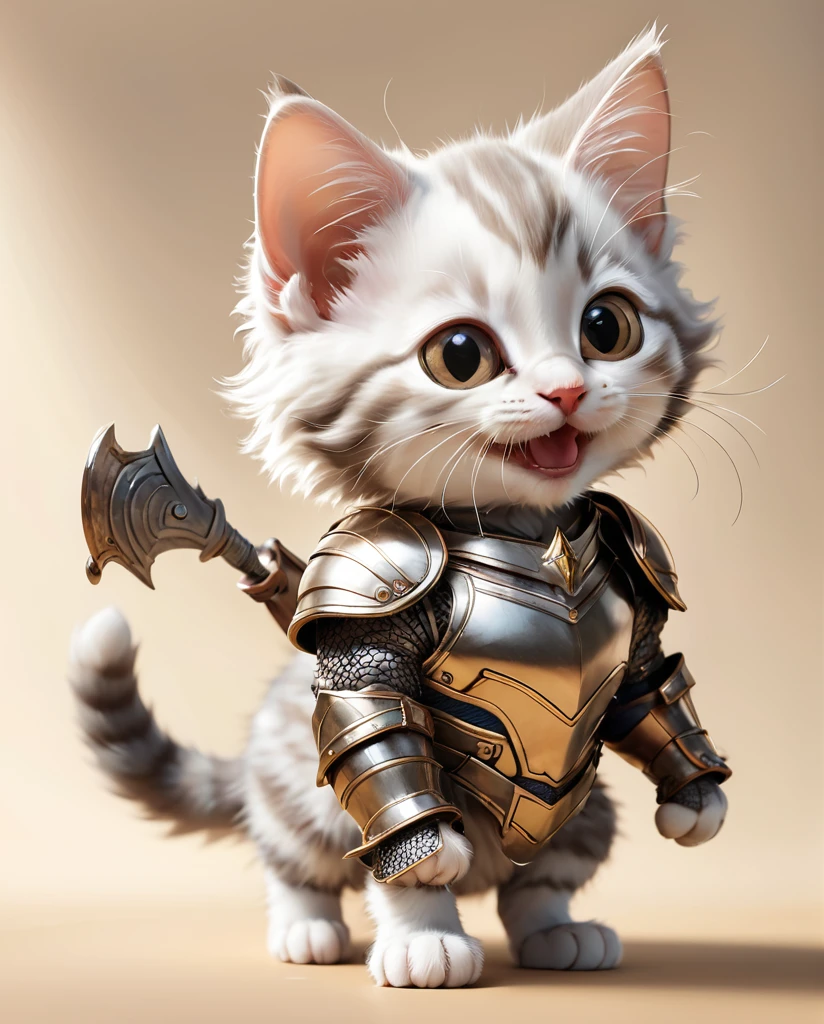 High-detail images American Curl Kitten Wearing armor Laughing Full Body Shot Looking this way