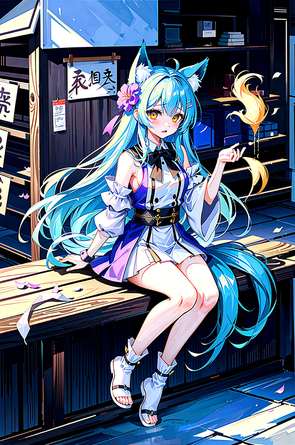 fox Light blue hair 　beast girl　indigo fur　fox beast girl　Sesshomaru, Yellow eyes, Anime, Perfect face, Perfect Lighting, Outdoors, Warm colors, Dark purple sky, Autumn sunset,  \(inuyasha\), Bearing Claw, Ready to fight　wave, koi fish, anime artstyle, wide view, fluffy. yellow  fox, marking under the eyes, crystal antler ,violet eyes, wearing bandanna, flower petals, Ambient light，Ultra-fine fur，volumettic light，natural  lightting，fox tail，nevando，35mm。High quality, high detal, Best quality, hyper HD，individual，Single