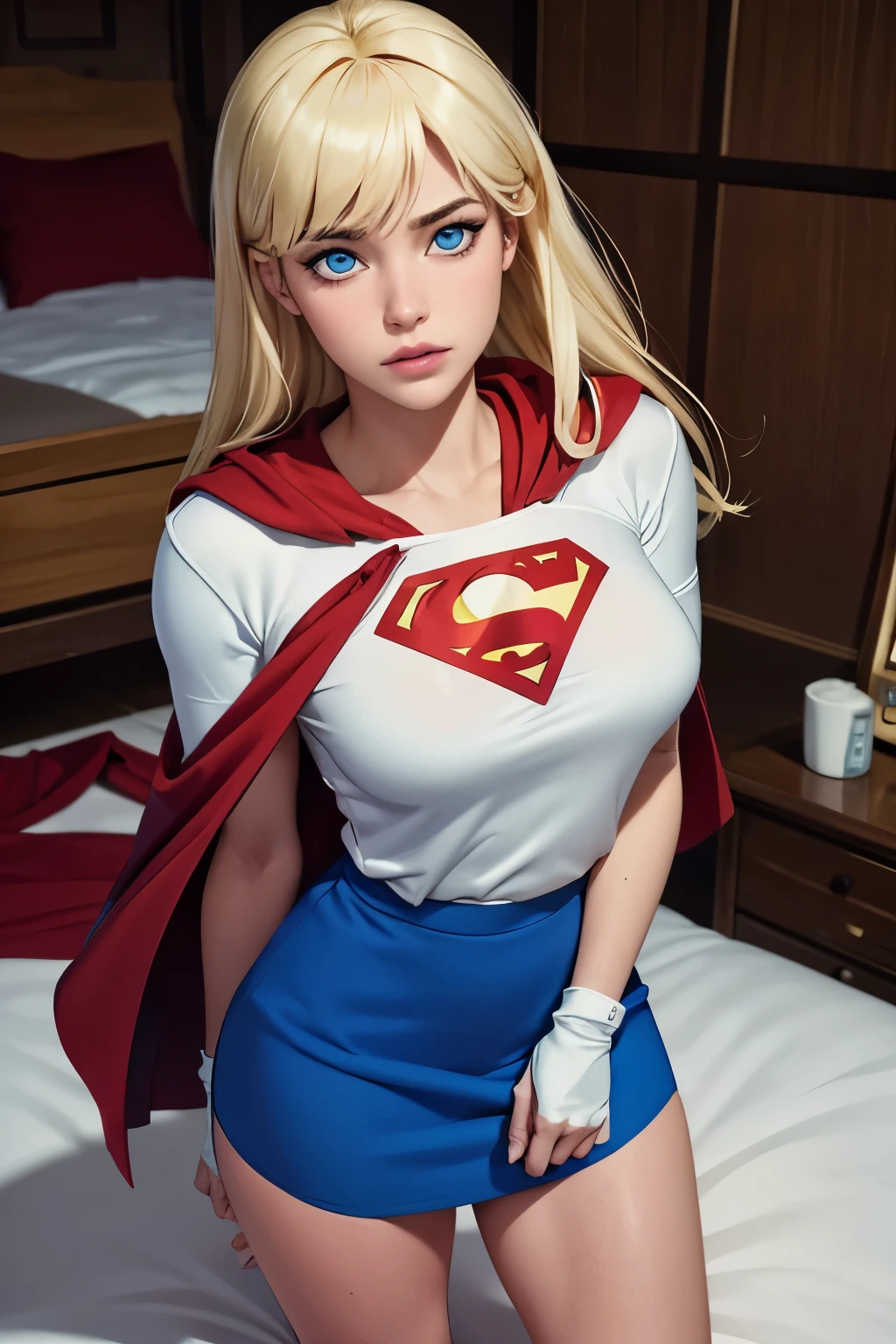 work of art, cru, linda arte, professional artist, 8K, very highly detailed face, very detailed hair, 1 girl, Supergirl (hair blonde, long hair, hair elastic, blue colored eyes, mitts, red cloak, short and tight blue skirt, white  shirt), lying on her bed in the Watchtower, Panas, lust, excitado, blushful, your hands exploring your body, thinking about girlfriend, missing your lover, Camera from above, no label, No brand, perfectly dCRUn body, beautiful  face, very detailedeyes, rosy cheeks, details Intricate in eyes, pursed lips, perfect shape body, Body cute, extremely detaild, details Intricate, highy detailed, Spitz focus, skin detailed, realistic skin texture, texture, detailedeyes, high resolution, kodak vision color, photoshot_\(ultra\), Post-processing, maximum detail, roughness, real-life, ultra realistic, pPanasorealism, pPanasography, absurderes, RAW pPanaso, highest quallity, high detail RAW color pPanaso, professional pPanaso, extremely detaild UHD 8K wallpaper unit, best qualityer, high resolution, (work of art, maximum quality, high resolution:1.4), pPanaso, cinematic, Film grain, Spitz, soft natural light, magic pPanasography, super verbose