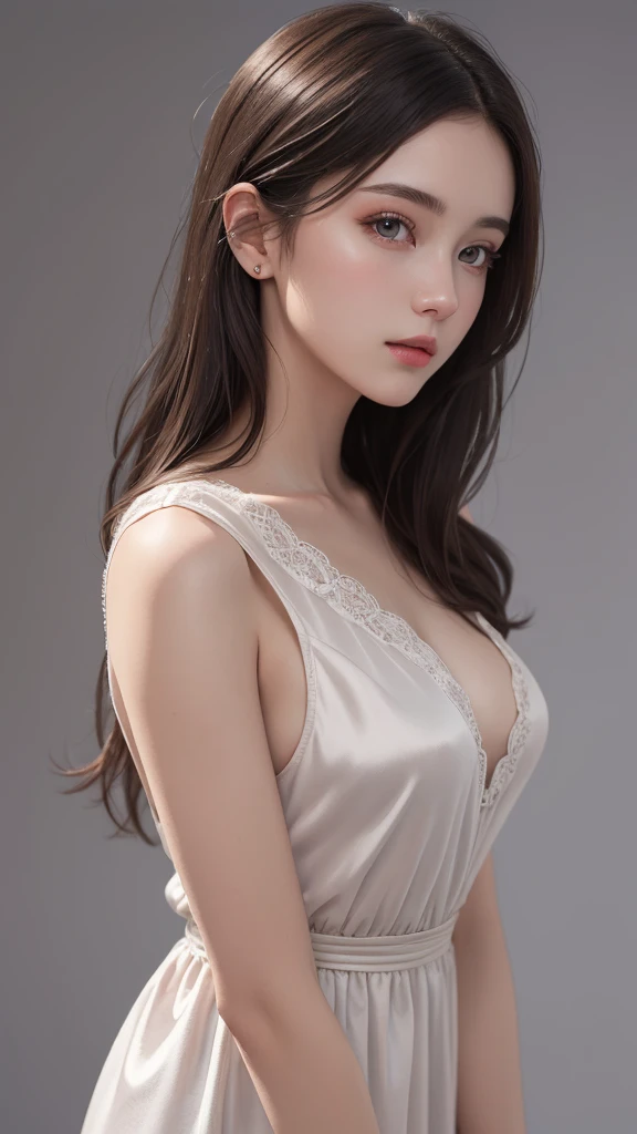 (masterpiece), (Best image quality), 8K resolution, Ultra-fine, 超Ultra-fine, realism, realism, 22 years old、 Small face, No makeup、Beautiful Face, Dark brown hair, Beautiful and beautiful eyes, ???????????, 、Silk dress、Cool pose、Gray background,One woman