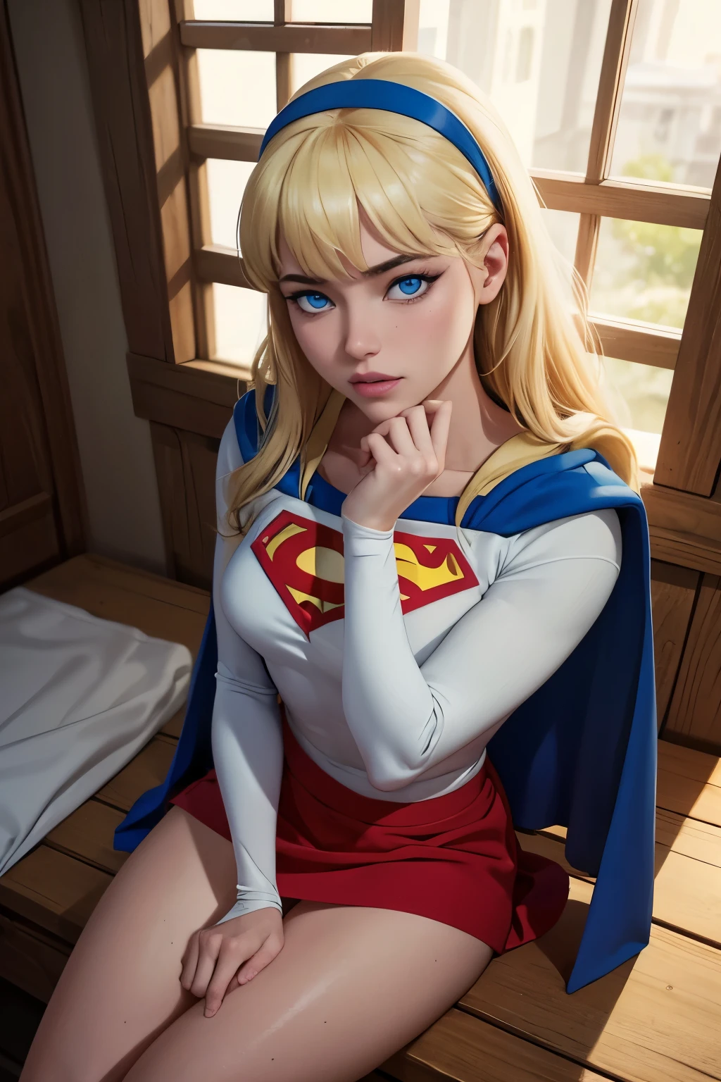 work of art, cru, linda arte, professional artist, 8K, very highly detailed face, very detailed hair, 1 girl, Supergirl (hair blonde, long hair, hair elastic, blue colored eyes, mitts, red cloak, short and tight blue skirt, white  shirt), lying on her bed in the Watchtower, Panas, lust, excitado, blushful, your hands exploring your body, thinking about girlfriend, missing your lover, Camera from above, no label, No brand, perfectly dCRUn body, beautiful  face, very detailedeyes, rosy cheeks, details Intricate in eyes, pursed lips, perfect shape body, Body cute, extremely detaild, details Intricate, highy detailed, Spitz focus, skin detailed, realistic skin texture, texture, detailedeyes, high resolution, kodak vision color, photoshot_\(ultra\), Post-processing, maximum detail, roughness, real-life, ultra realistic, pPanasorealism, pPanasography, absurderes, RAW pPanaso, highest quallity, high detail RAW color pPanaso, professional pPanaso, extremely detaild UHD 8K wallpaper unit, best qualityer, high resolution, (work of art, maximum quality, high resolution:1.4), pPanaso, cinematic, Film grain, Spitz, soft natural light, magic pPanasography, super verbose