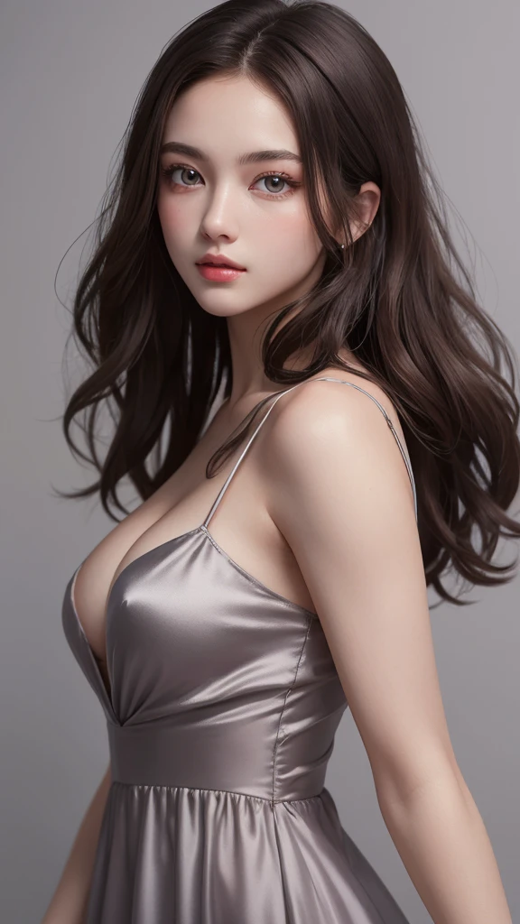 (masterpiece), (Best image quality), 8K resolution, Ultra-fine, 超Ultra-fine, realism, realism, 22 years old、 Small face, No makeup、Beautiful Face, Dark brown hair, Beautiful and beautiful eyes, Big Breasts, 、Silk dress、Cool pose、Gray background,One woman