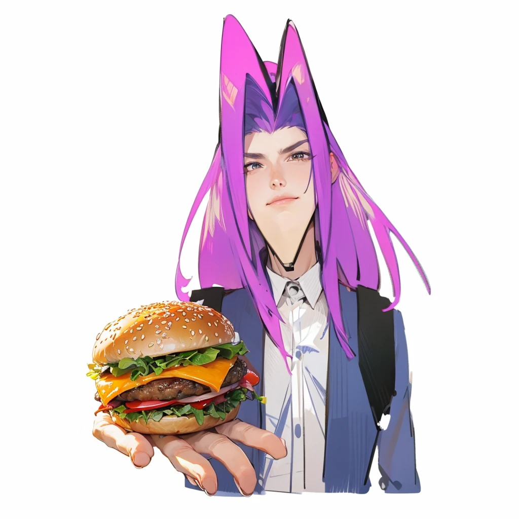 Man with abnormally long jaw holding out burger one hand Illustration of thick lines