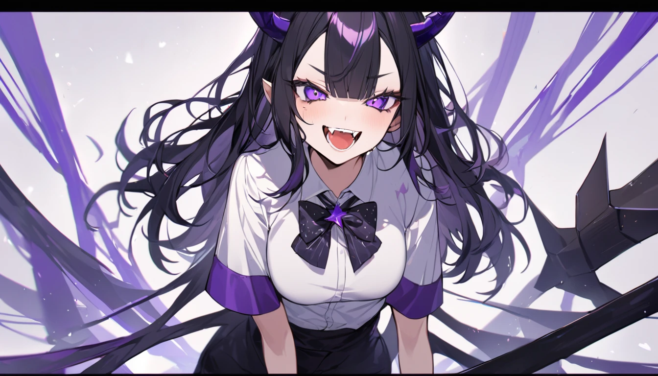 girl with long black hair with straight bangs, with hair cut at the ends. Two large strands in the front, one bigger than the other. A rebel thread. A small white streak in your bangs. Two demon horns, one purple and one black, both with a dark purple star. one black eye and one purple eye. A purple star on your right cheek. black wide pants. All star shoe. Full white shirt with a bow tie with a star in the middle, with short sleeves.  a big chest . Grinning. She is a star demon. She is standing looking at the camera. In one of his eyes a star in the black eye case, in the black eye and just black. Sex girl. Sex girl. One black eye and one purple eye. She is waiting for something 