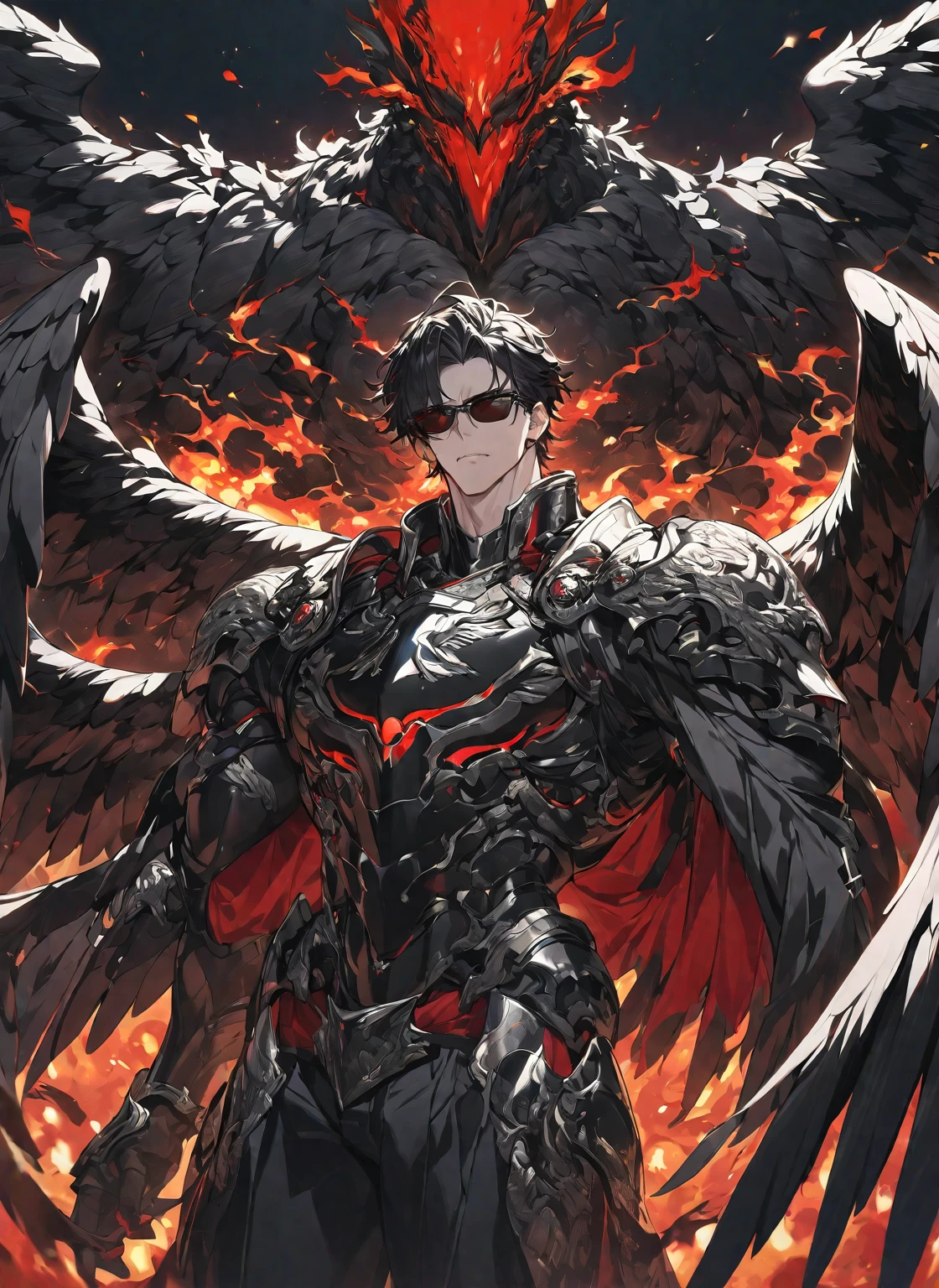 Best quality, One, beautiful, 1 man, tall man, with a sporty body, V-shaped body, wide shoulders, black detailed armor with glowing white details, 10 black angel wings, long Black hair covered with Fire Eggles, bright white eyes, on the background Black fire with shades of red, bloody threads