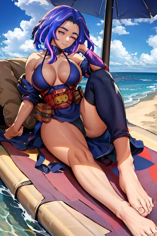 boku no hero academia, lady nagant,1girl short hair purple hair multicolored hair purple eyes purple dress belt,Lady Nagant, a powerful villainess from the League of Villains in My Hero Academia, decides to take a break from her nefarious activities and enjoy some sunbathing time on the beach. She dons a skimpy black bikini that perfectly accentuates her curvy figure and long legs. As she lays down on her chaise longue underneath a large umbrella, her eyes closed peacefully while soaking up the rays. Her blonde hair cascades over one side of her face, adding to her allure. Despite being surrounded by innocent civilians enjoying their day at the shore, nobody seems to notice or recognize this dangerous woman due to clever disguises and concealment techniques mastered by members of the league.