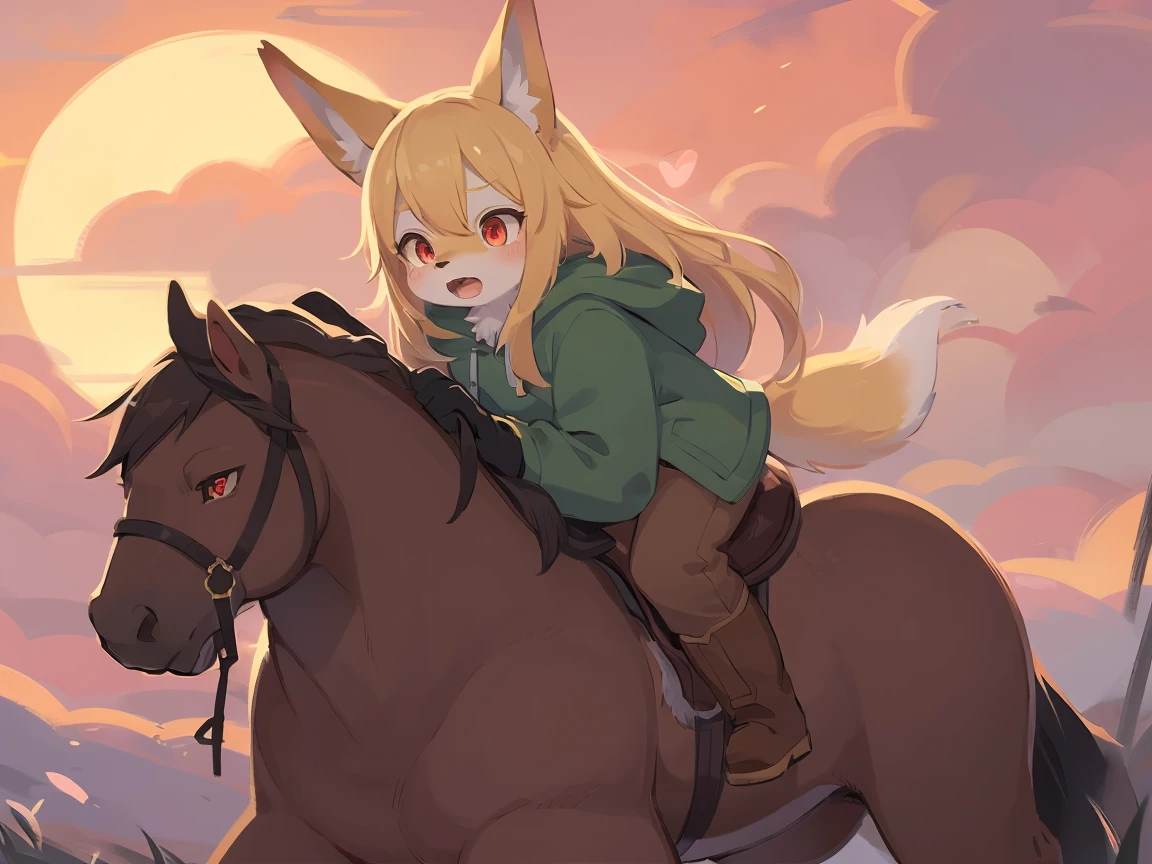  the fox, , was hairy, shaggy, skin fur, smooth lashes, golden fur, forelimb hands, straight long blonde hair, solid circle eyes, golden ears, golden fur, golden facial fur, shiny hair, red eyes,  heart-shaped eyes, super cute face, 1fox tail, fluffy tail, furry tail, glowing eyes, green coat green hood down, brown trousers, riding young horse, open mouth, pain face, embarrassed, ambient light, ultra-fine fur, dashed eyes, full body, masterpiece, high quality, high-details, best quality,  (((solo))), twilight, sun light, red sky, rim light