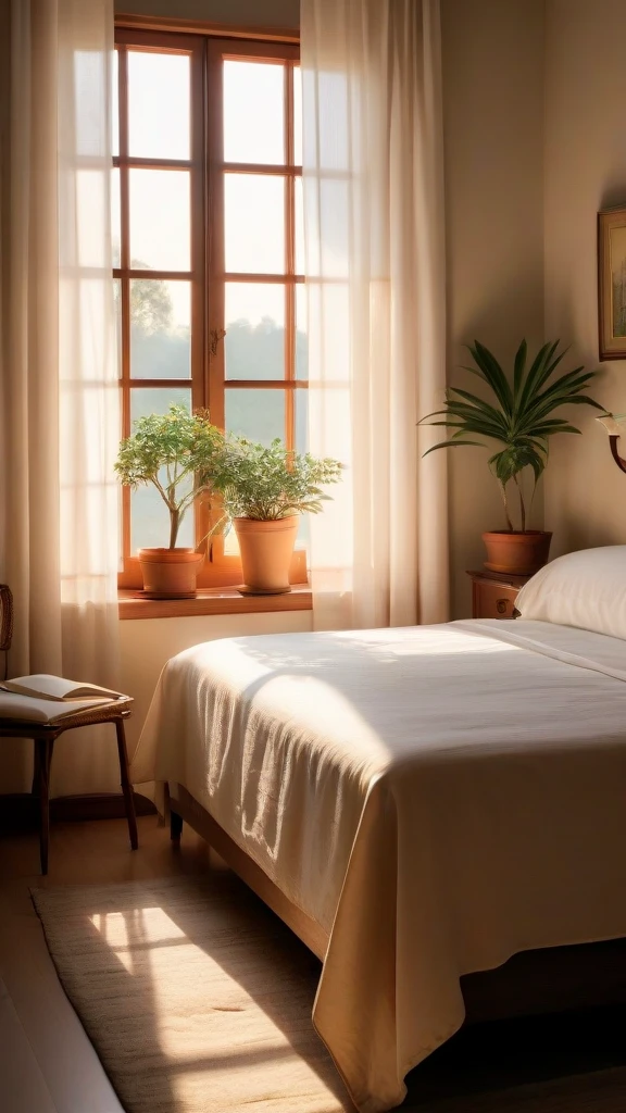 {
"prompt": "A gentle sunrise over the horizon softly illuminating a cozy bedroom. In the bed, a person stretches with a serene smile, ready to start the day. The walls are warm-toned, and the soft sheets add to the room's tranquility. On the bedside table, a vintage alarm clock shows the morning hour next to an open book, suggesting a peaceful night of reading. Light curtains flutter with a gentle breeze, and a potted plant by the window completes the welcoming and serene atmosphere.",
"size": "1024x1024"
}