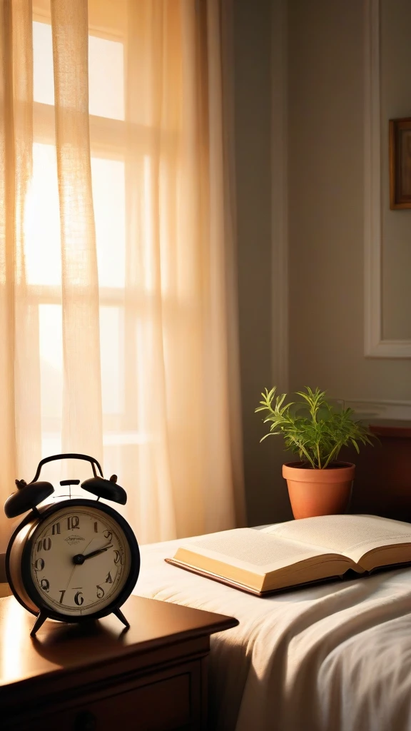 {
"prompt": "A gentle sunrise over the horizon softly illuminating a cozy bedroom. In the bed, a person stretches with a serene smile, ready to start the day. The walls are warm-toned, and the soft sheets add to the room's tranquility. On the bedside table, a vintage alarm clock shows the morning hour next to an open book, suggesting a peaceful night of reading. Light curtains flutter with a gentle breeze, and a potted plant by the window completes the welcoming and serene atmosphere.",
"size": "1024x1024"
}