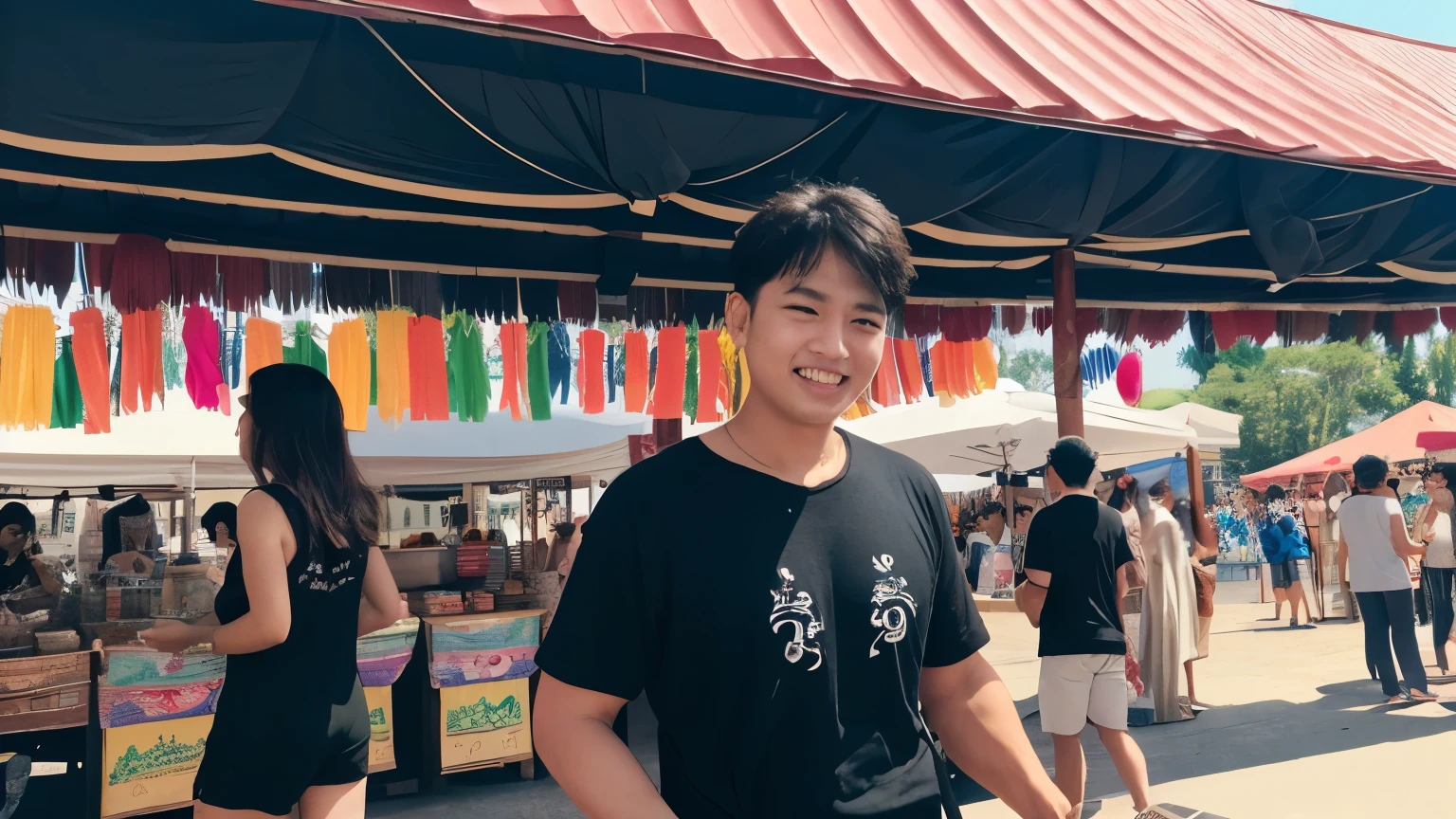A housewife wearing a black T-shirt、Walking around the summer festival grounds at 2pm, carrying a white paper cup。In the background are stalls and decorations typical of summer festivals.、There is a lively atmosphere。The housewives are friendly、He has a happy expression.、Blending into the festival atmosphere。High quality and detailed artwork、Uses realistic lighting and shadows。