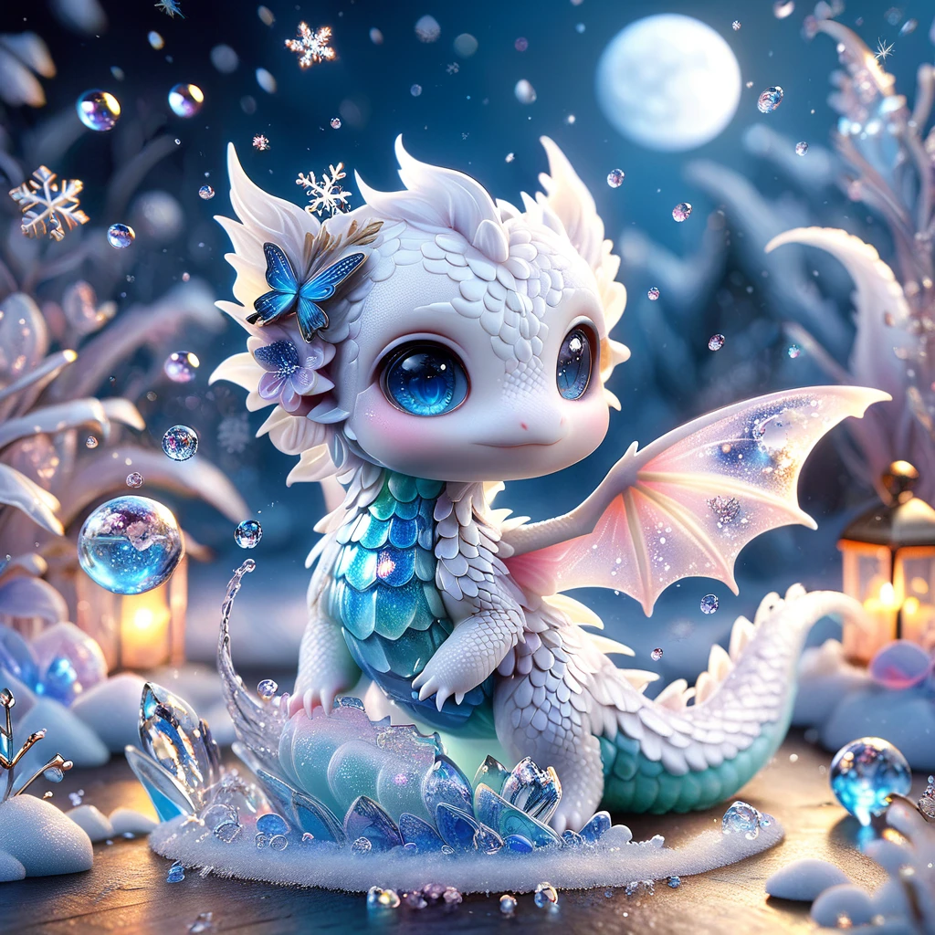 Ultra detailed, HDR, Highres, absurdres, master piece, white dragon, expressive blue eyes, small dragon, glass, ice glittering butterflies, ice, petals, pink ice glass flowers, cute, glittering, water, fantasy, magical, snowflakes, cold, crescent moon sphere