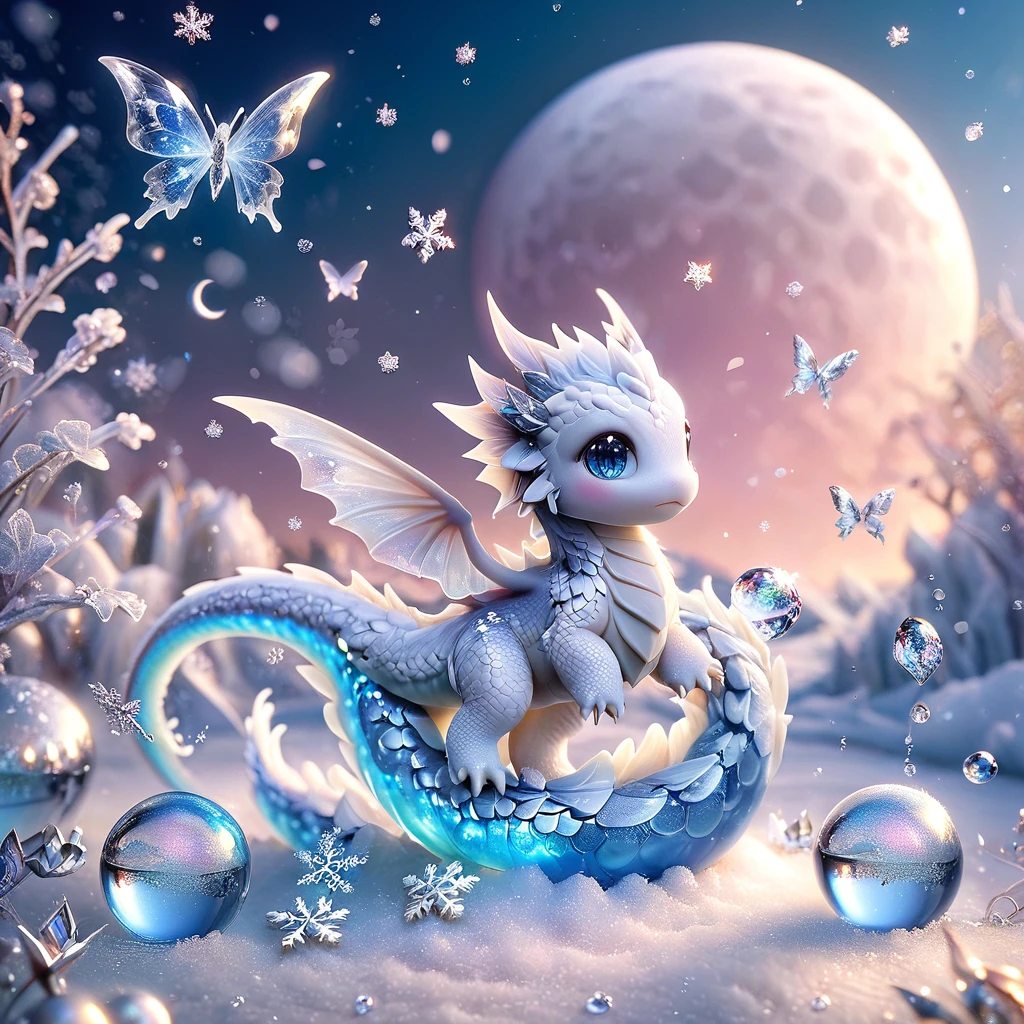 Ultra detailed, HDR, Highres, absurdres, master piece, white dragon, expressive blue eyes, small dragon, glass, ice glittering butterflies, ice, petals, pink ice glass flowers, cute, glittering, water, fantasy, magical, snowflakes, cold, crescent moon sphere