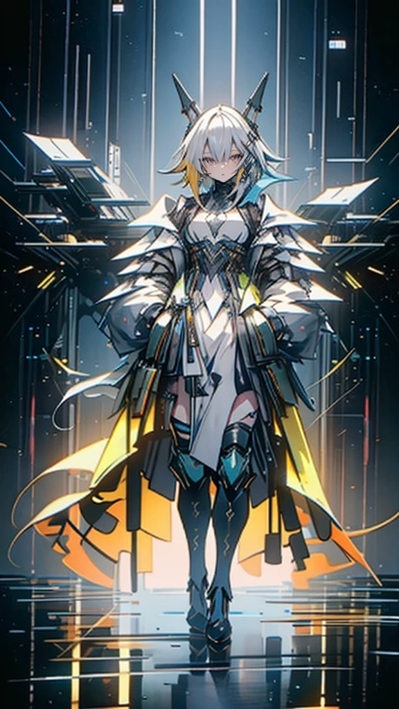 1 girl, short yellow hair, cyberpunk, Alice in Wonderland, black high heels, hand in pocket, best quality, 4k, 8k, highres, masterpiece:1.2, ultra-detailed, realistic, photorealistic, photo-realistic:1.37, HDR, UHD, studio lighting, ultra-fine painting, sharp focus, physically-based rendering, extreme detail description, professional, vivid colors, bokeh, concept art