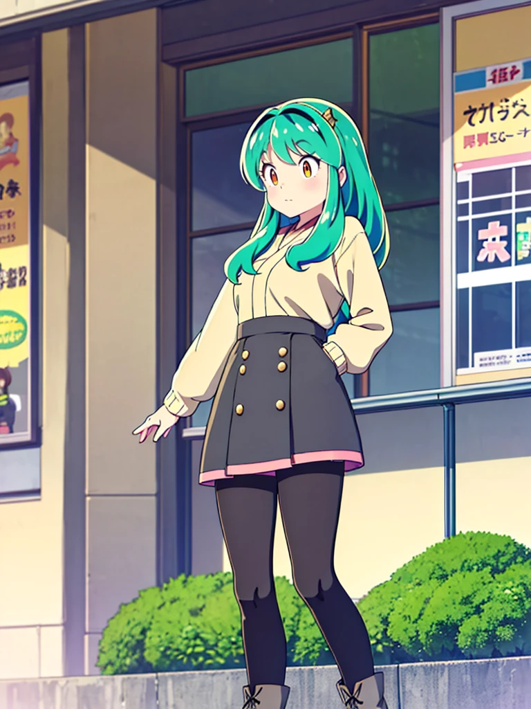 masterpiece, Highest quality, 1 Girl, Lum, happy, blush, Grey knit, Black Mini Skirt, Grey pantyhose, boots,anime, From before, blush, Standing with hands clasped in front of the body, Embarrassed, Mature, 18-year-old, City of night, Gaze Here, High definition, Japan, Green Hair、From below、Focus on the feet