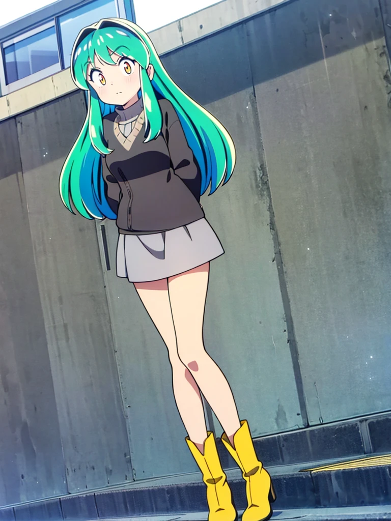 masterpiece, Highest quality, 1 Girl, Lum, happy, blush, Grey knit, Black Mini Skirt, Grey pantyhose, boots,anime, From before, blush, Standing with hands clasped in front of the body, Embarrassed, Mature, 18-year-old, City of night, Gaze Here, High definition, Japan, Green Hair、From below、Focus on the feet