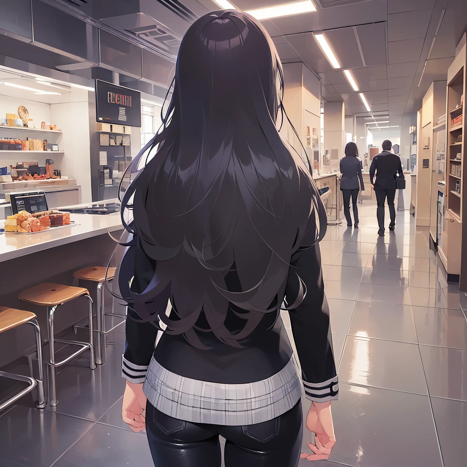 (from behind:1.5),Upper Body, Realistic, real person, (pale skin: 1.2), RAW photo, photorealistic, shiny skin, shiny hair、(35 year old woman with medium length hair) and (wavy hair) and (brown hair) ,(Wearing a black suit jacket)、Facial expressions are invisible