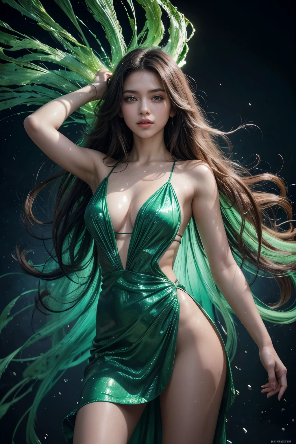**Digital painting of the full-length silhouette of a beautiful, beautiful and unique Brazilian model, perfect face, honey eyes and long cascading hair. The model dances lambada and wears a beautiful blue and green dress that instantly explodes and splashes everything around her, generating a wonderful and majestic view of the moment that contrasts with an intense black background. photography with a stunning cinematic background. Ultra high resolution, Hyper realistic**