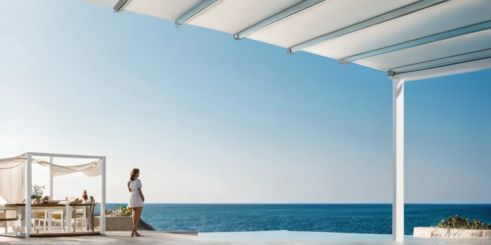 there is a woman standing on a deck Overlooking the sea, Awnings, Canopies, looking at the ocean, Next to it is the reflected ocean, Overlooking the sea, In the seaside environment, Award-winning shadows, The award-winning", Close to the sea, Award-winning masterpiece, Sea view, Looking to the horizon, looking at the ocean