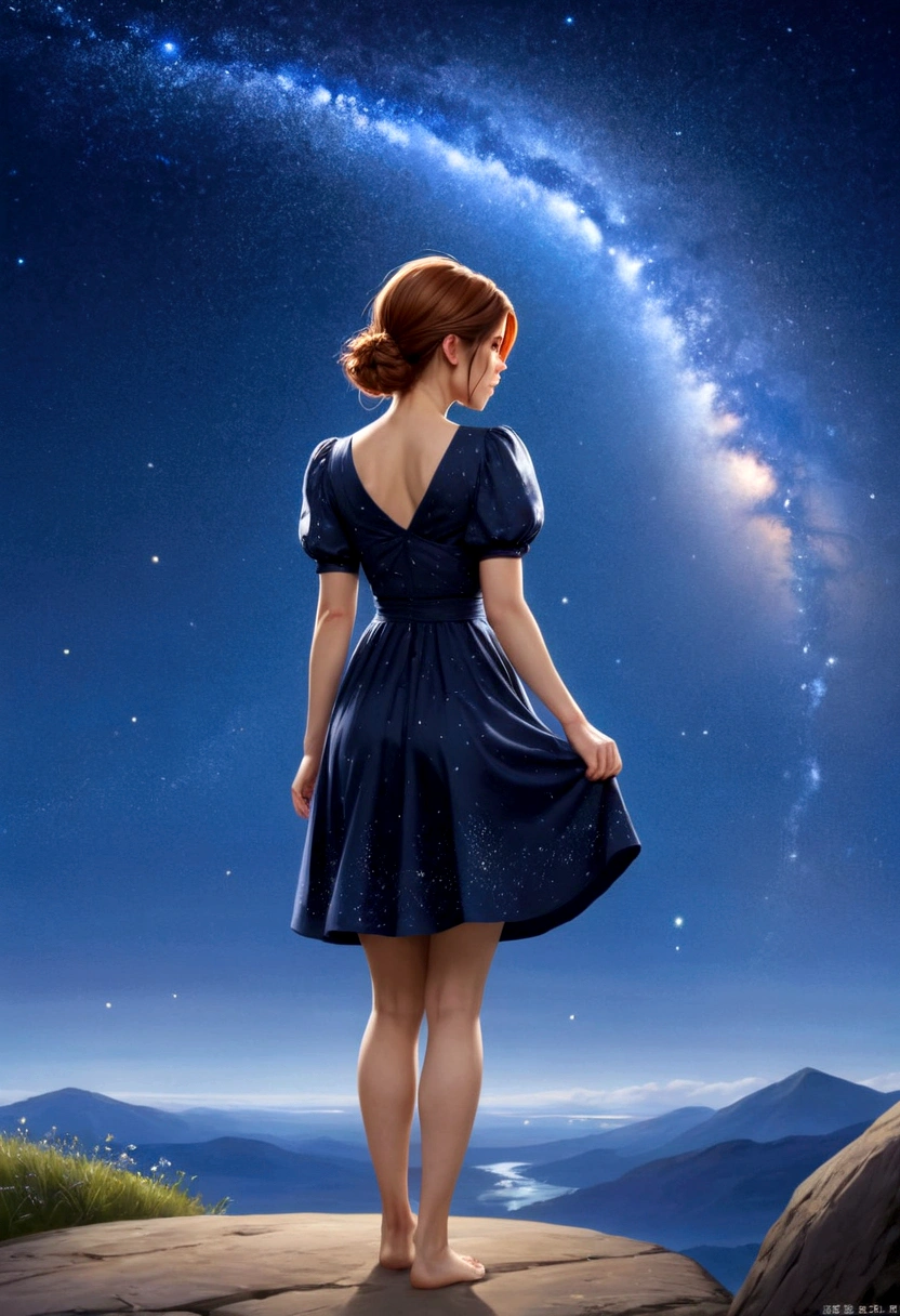 masterpiece, best quality, 1girl (kate Mara), solo, guizhong_genshin, default_dress, from behind, starry sky print, sleeves over wrists, barefoot 