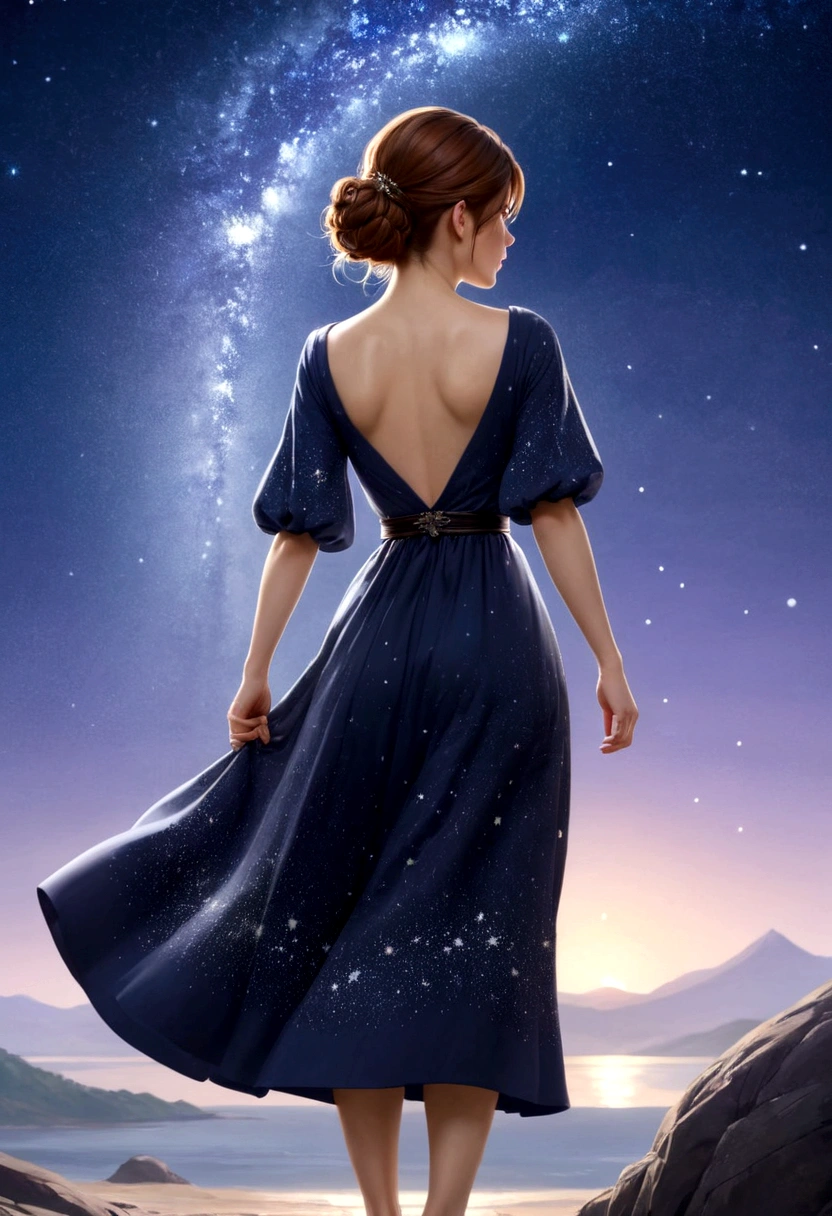masterpiece, best quality, 1girl (kate Mara), solo, guizhong_genshin, default_dress, from behind, starry sky print, sleeves over wrists, barefoot
