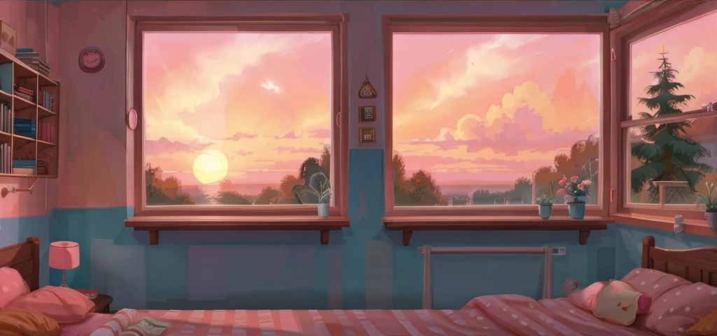 sunset in window with pink sky in bedroom, lofi style, cute,