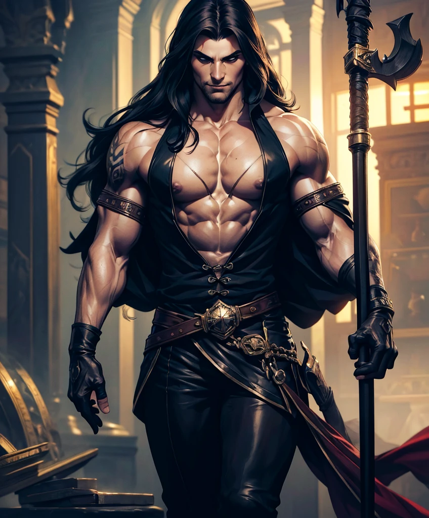 (Perfectly Detailed Eye Rendering, close up:1.2, Create an image that depicts Hades, inspired by the book descriptions of Hades and Persephone, written by Scarlett St. Clair. Hades is described as an imposing and seductive Greek god with a dark and powerful aura. He possesses a tall stature and a sculpted body, emanating strength and authority. Her black hair is long and dense, falling in seductive waves over her broad shoulders. His deep eyes are the most intense blue color, conveying a magnetic mystery. He has majestic black horns that curve elegantly around his head, further underscoring his divine nature. The expression on his face reflects a piercing gaze, full of power and knowledge of the dark world he rules. (His skin is pale as the silvery light of the moon:1.2), contrasting with the gloomy scenery around him. In addition, Hades is depicted wearing elegant and majestic costumes, which perfectly match his imposing presence. Their appearance is a balance between beauty and power, attracting both admiration and awe. When creating the image of Hades, be sure to capture his dominant presence, the intensity of his gaze, and the combination of his dark and seductive features. The image should convey the strength and mystery that surrounds it, bringing to life this fascinating Greek god of the underground.