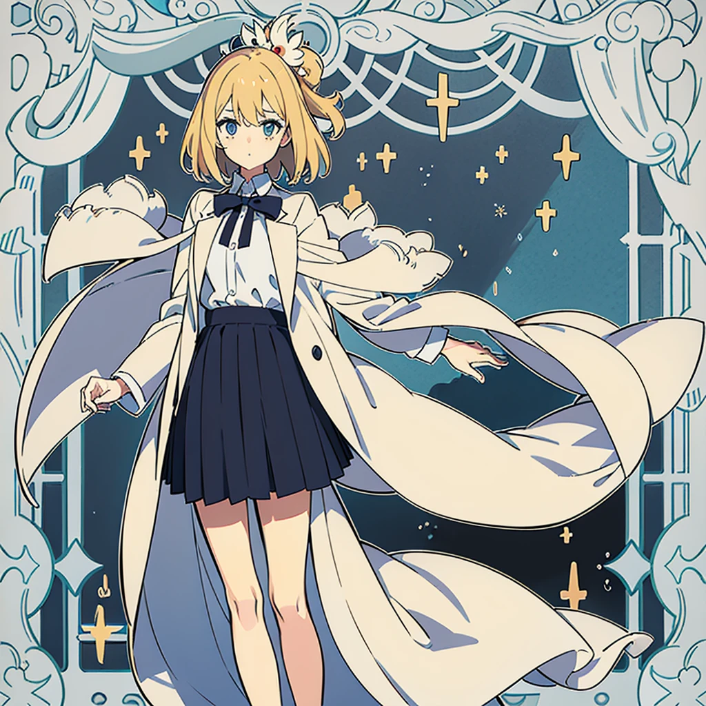 (extremely delicate and beautiful: 1.2), 1 girl, fashion girl, bangss, beautiful eyes, 弓, chestnut hair, cloused mouth, sideways, hair between the eyes, hair 弓, manga curta, gazing at viewer, medium hair, standing alone, trunk, schoolar uniform: 1.3, ((standing alone)), (work of art), blond