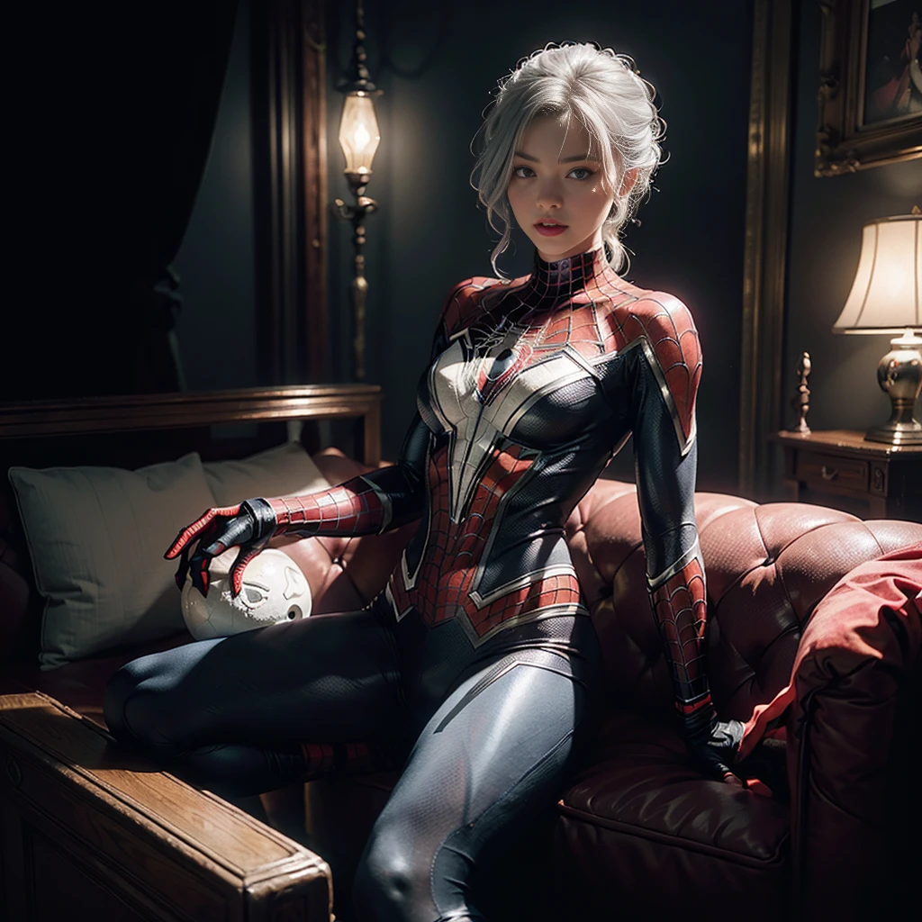 (Extreme Detail CG Unity 8K wallpaper, masterpiece, highest quality), (Exquisite lighting and shadow, highly dramatic picture, Cinematic lens effect), a girl in a white Spider-Man costume, silver gray hair color, from the Spider-Man parallel universe, Wenger, Marvel, Spider-Man, sitting on the couch, dynamic pose), (excellent detail, excellent lighting, wide angle), (excellent rendering, enough to stand out in its class), focus on white Spider-Man costumes, complex spider textures