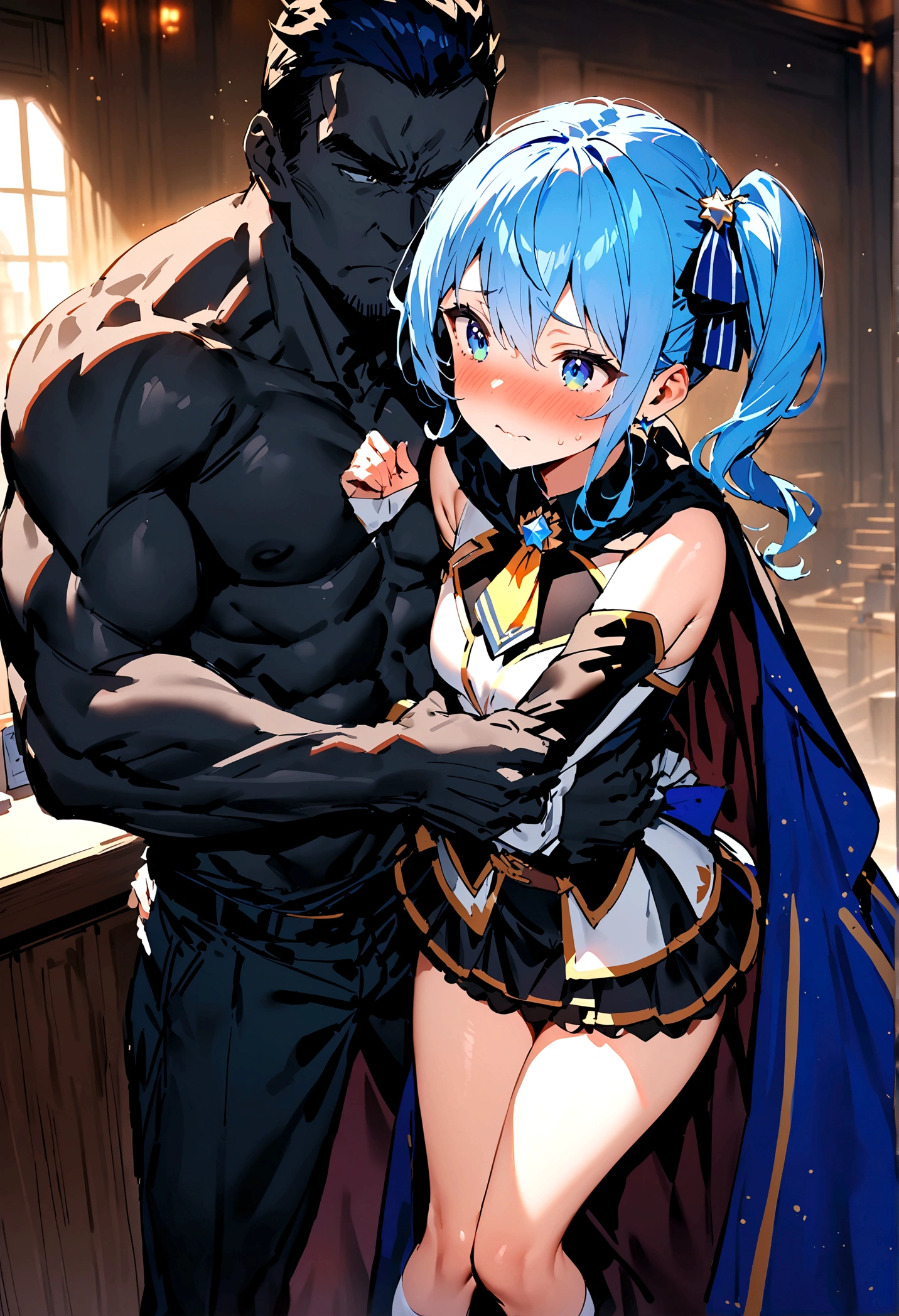 NSFW,masterpiece,Highest quality,High resolution,Super detailed,Star Town Suisei\(Hololive\),Blue Hair,One Side Ponytail,Blue Eyes,Small breasts,White leotard,Removable sleeves,Micro Mini Skirt,Knee-high socks,Cape,Adventurer&#39;s Guild,Reception counter,Embarrassed,blush,Expecting face,(Molester),(Strong-faced men),A man puts his hands on her waist and hugs her