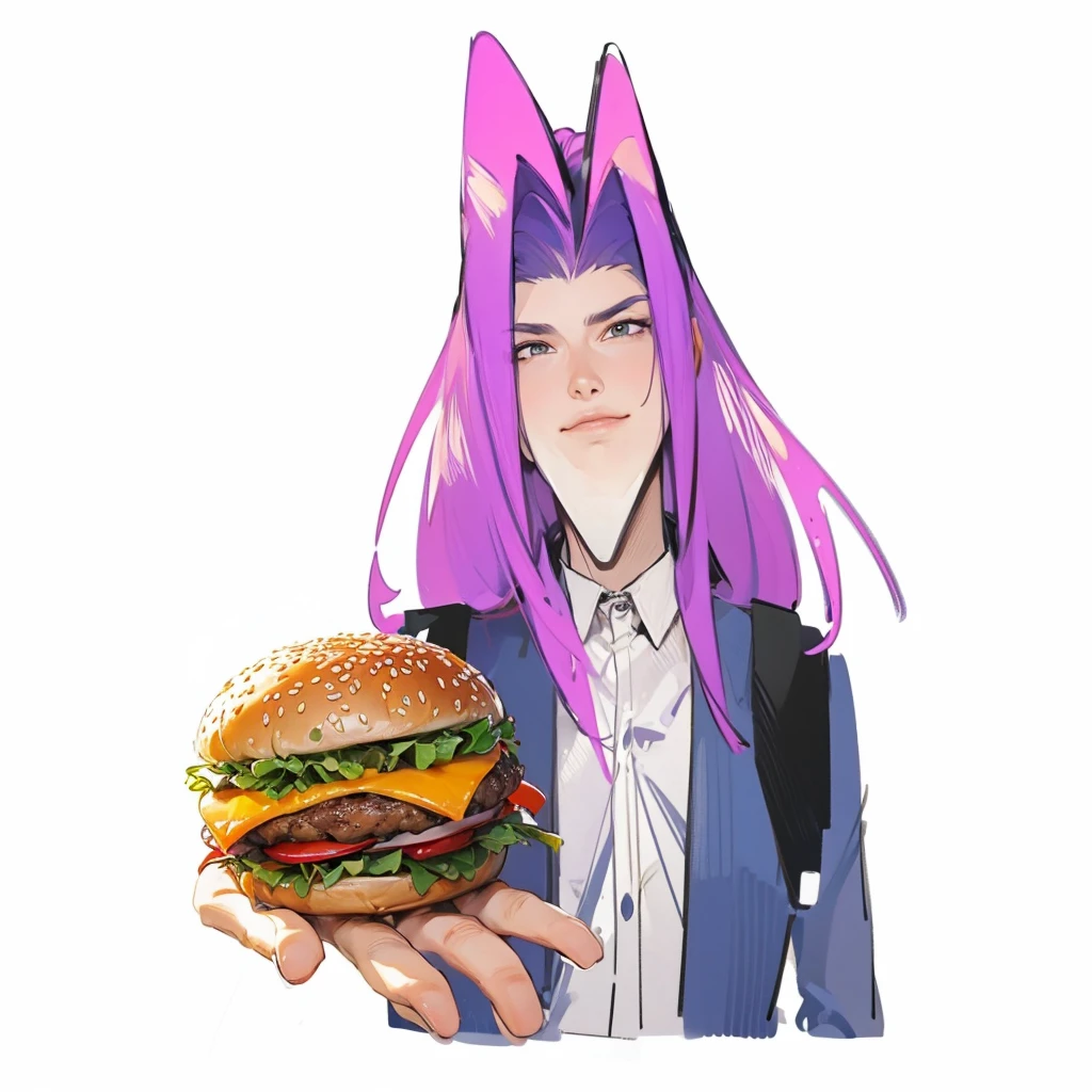 Man with abnormally long jaw holding out burger one hand Illustration of thick lines