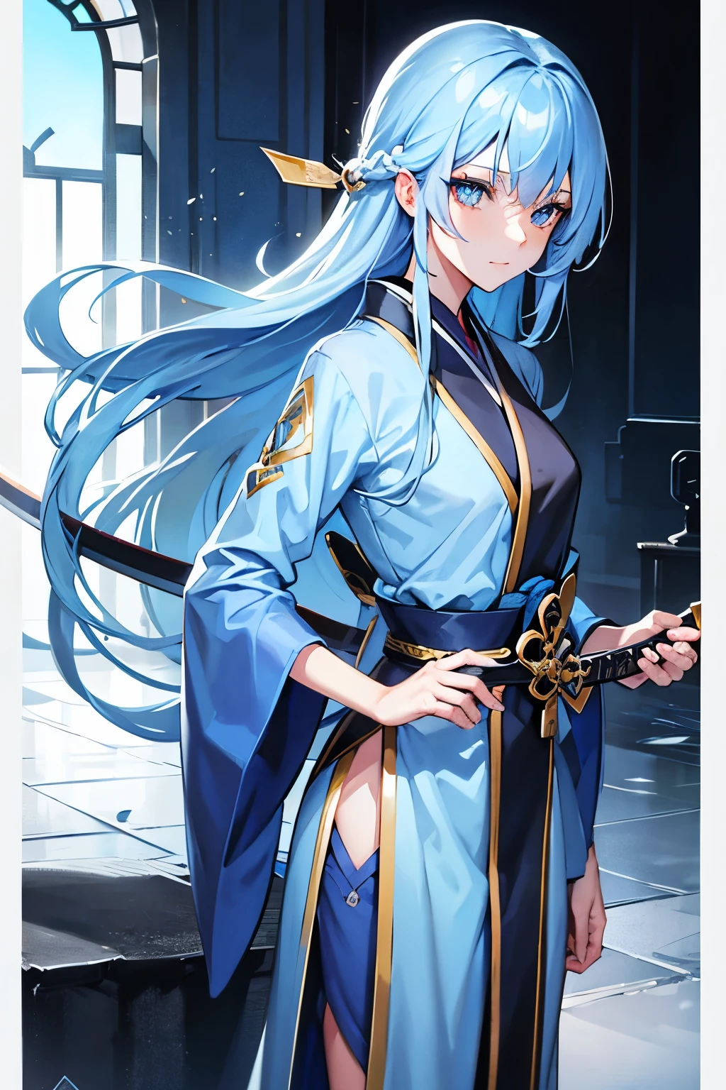Long Blue Hair, Skinny, Blue eyes, Blue kimono, Swordsman, cute, sexy, girl