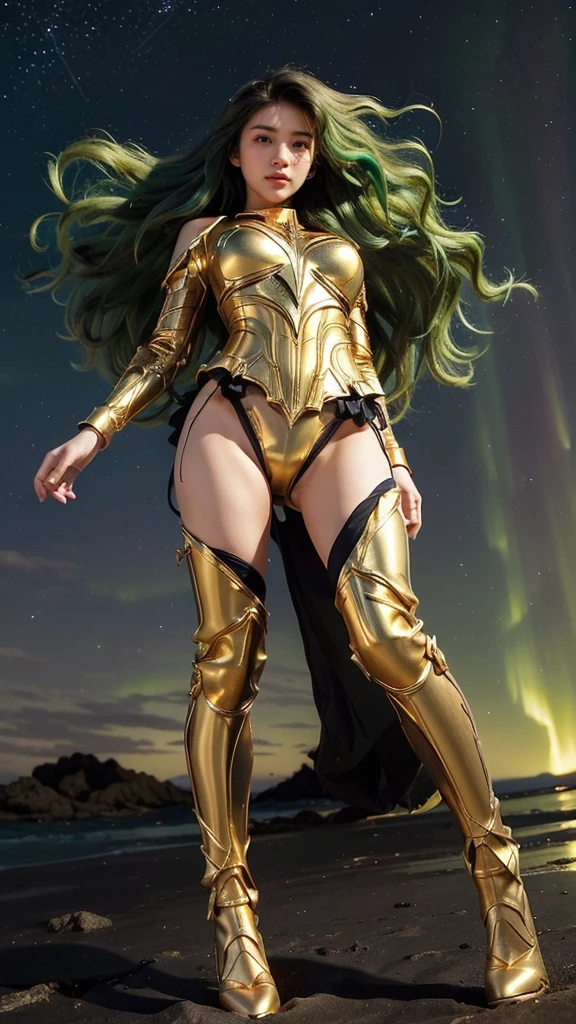 ((best quality)), ((masterpiece)), (ultra detailed lights), ((full body shot)), ((tall girl)), ((fit body)), teen girl, extremely beautiful, perfect eyes, ((slim body)), thighs gap, ultra face details, 20 years old, ((green wavy hair:1.2)), ((hair blown by strong winds :1.3)), Award-winning photograph, ((symmetrical pose)), ((teen goddess girl)), ((full body golden black armor:1.3)) are in the middle of battlefield, posing in the middle, intricate details, ((thight golden armour)), ((extremely details armor)), ((tight latex panties)), ((full legs golden armor:1.2)), ((24k-gold armor)), ((edge luminous armor)), cameltoe, luminescent, epic lights reflections, ((Athena's golden bow), at beach, full of stars, orange clouds, nebula sky, epic aurora borealis in the background, shooting stars, ((from below))