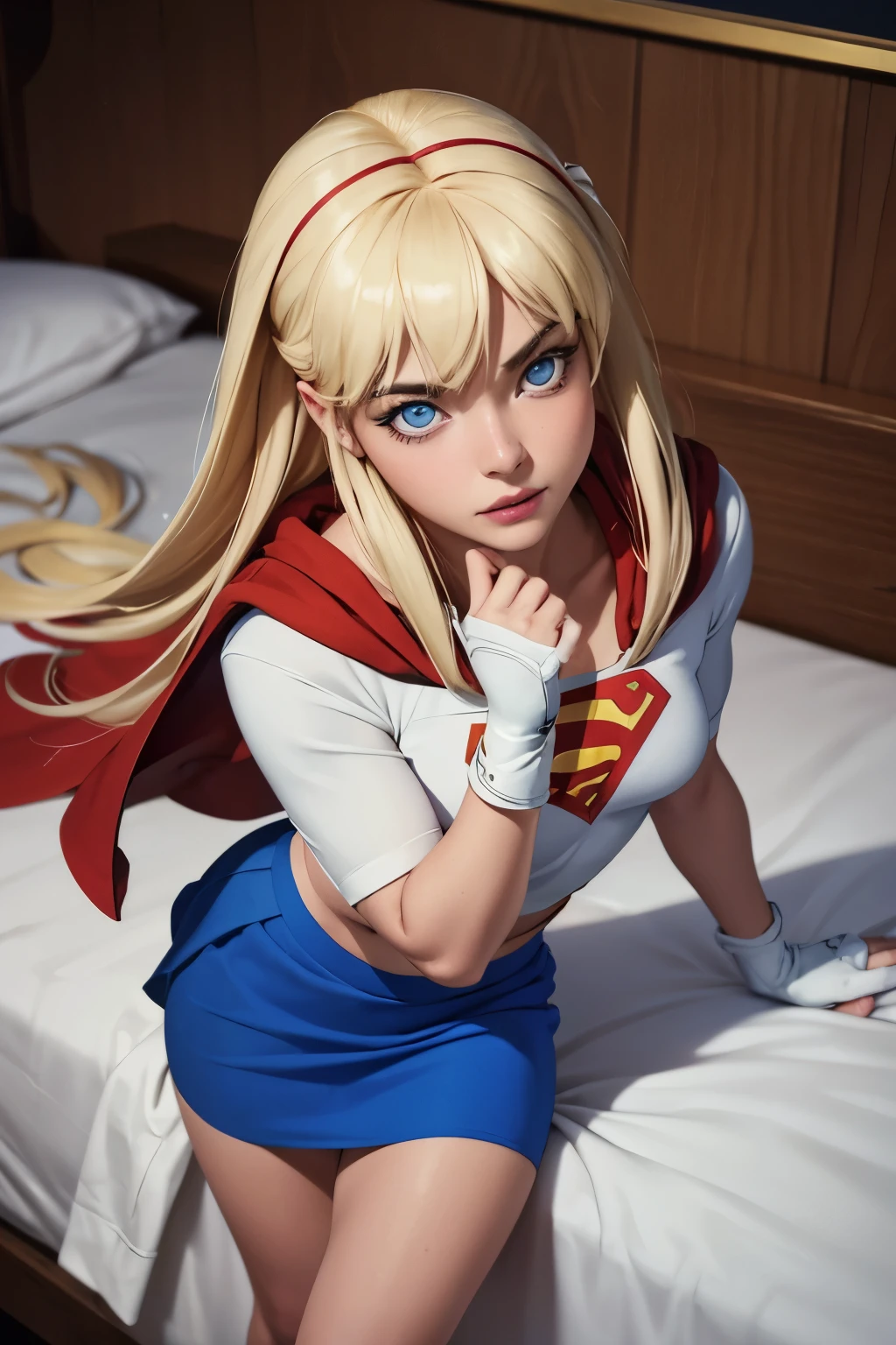 work of art, cru, linda arte, professional artist, 8K, very highly detailed face, very detailed hair, 1 girl, Supergirl (hair blonde, long hair, hair elastic, blue colored eyes, mitts, red cloak, short and tight blue skirt, white  shirt), lying on her bed in the Watchtower, Panas, lust, excitado, blushful, your hands exploring your body, thinking about girlfriend, missing your lover, Camera from above, no label, No brand, perfectly dCRUn body, beautiful  face, very detailedeyes, rosy cheeks, details Intricate in eyes, pursed lips, perfect shape body, Body cute, extremely detaild, details Intricate, highy detailed, Spitz focus, skin detailed, realistic skin texture, texture, detailedeyes, high resolution, kodak vision color, photoshot_\(ultra\), Post-processing, maximum detail, roughness, real-life, ultra realistic, pPanasorealism, pPanasography, absurderes, RAW pPanaso, highest quallity, high detail RAW color pPanaso, professional pPanaso, extremely detaild UHD 8K wallpaper unit, best qualityer, high resolution, (work of art, maximum quality, high resolution:1.4), pPanaso, cinematic, Film grain, Spitz, soft natural light, magic pPanasography, super verbose