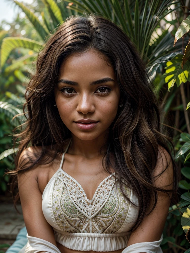 [[((young attractive Dominican woman with medium-dark skin, long waist-length curly dark hair with subtle blond highlights, sun-kissed glow, and striking hazel eyes:1.5)), ((Sofia Ortiz:1.4)), meditating with closed eyes and a serene smile. Sofia is wearing ((a light, ethereal top with intricate designs:1.6)), sitting cross-legged in a natural setting. The background features soft, blurred greenery and gentle sunlight. The scene is captured with a ((digital SLR:1.3)) using a ((50mm prime lens:1.3)) for a close-up, zoomed-in perspective. Post-production enhances the natural colors, highlighting her unique features and adding a ((soft bokeh effect:1.2)) to the background. The image should be in ((8K resolution:1.2)) with ((hyper-realistic detail:1.4)). The focus is on Sofia's unique hair, sun-kissed skin, and peaceful expression, showcasing her as a  and serene individual with a spiritual presence.]]
