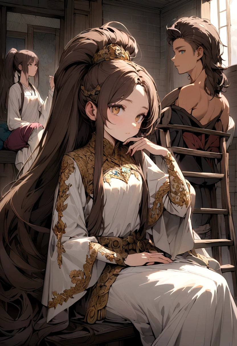 Perfect face, Has a fairly long pony, and the His hair is brown, his eyes is brown, nake, the pose is sitting and the the ladder goes to the back of the head, and her is girl