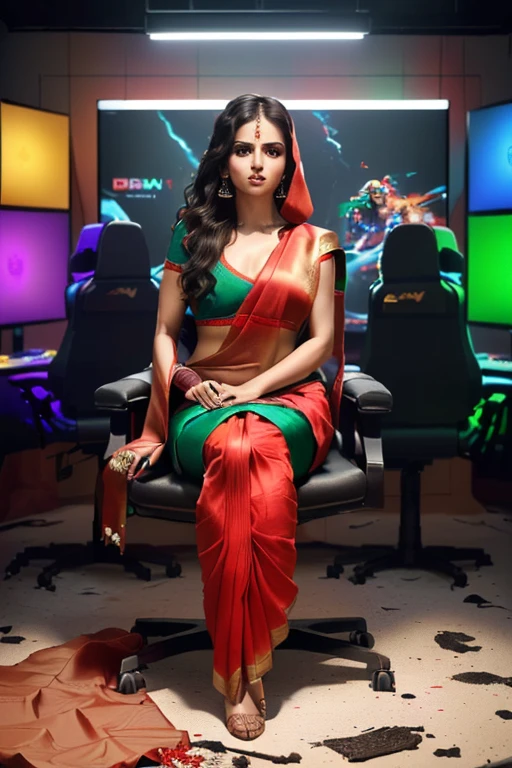 ((best quality)), ((masterpiece)), (detailed),The Portrait of  Indian women with black face mask sitting on a gaming chair with both the hand on gaming laptop(((hands on laptop in gaming studio, without any tilt , sitting straight ,  wearing full traditional red saree (((cover full body )))in gaming room . Detailed and symmetrical face with detailed messy hairs and big chest. The room is full of RGB light and a tv on a back wall. The model is looking straight towards camera , sitting in centre position(((sitting straight towards camera no tilt with straight head  ))) with Crossed legs , wide image  . Centred , Hyper resolution and natural skin texture 8K