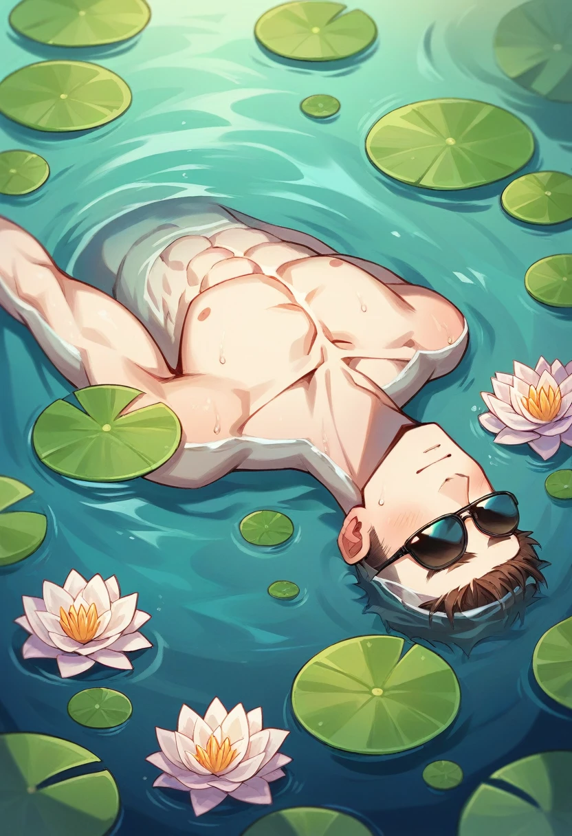 

"Create a realistic digital painting of a handsome young man lying on the water, surrounded by water lilies. The man should have a serene and peaceful expression, with his eyes gently closed. His hair is dark and slightly wet, blending seamlessly with the water. The water lilies should be vibrant, in various shades of pink, white, and yellow, with lush green leaves floating around him. The water should be clear, reflecting the colors of the lilies and the sky above, creating a tranquil and ethereal atmosphere."