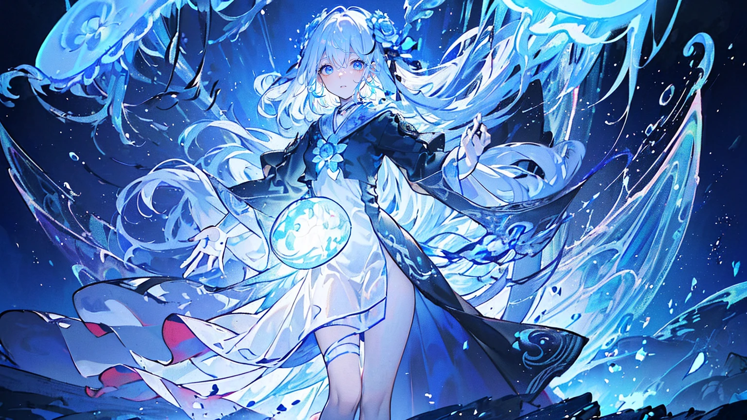(Super detailed)),((illustration)),((masterpiece)),(((need))),((fine、Highest quality CG Unity 8K wallpapers,masterpiece),((4K,masterpiece,best quality)),A woman about 16 years old with long blue and white hair,Floating hair,Red pupil,Blue and white robe,Inside are transparent, glowing tentacles,Black Silk,Standing on a wooden plank above the sea,Raise your right hand slightly,Cold,Rough Seas,There are many lanterns floating in the sky,Lotus flowers floating on the sea,End of the World,There are swarms of jellyfish of all sizes floating in the sky,Manipulating water,Full body picture,individual