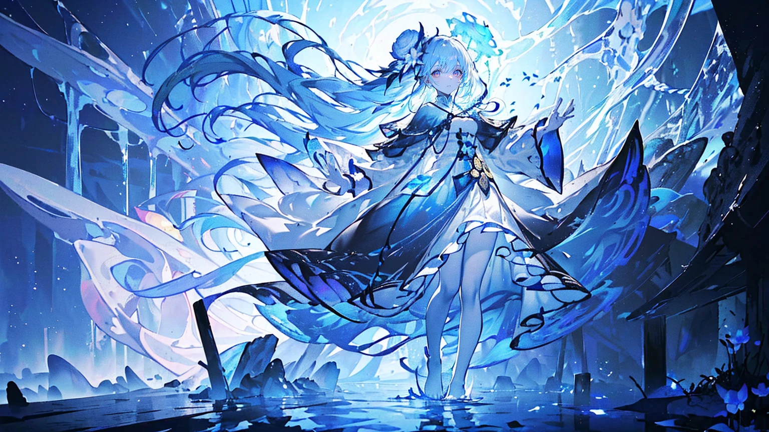 (Super detailed)),((illustration))，((masterpiece)),(((need))),((fine、Highest quality CG Unity 8K wallpapers，masterpiece），（（4K，masterpiece，best quality）），A woman about  with long blue and white hair，Floating hair，Red pupil，Blue and white robe，Inside are transparent, glowing tentacles，Black Silk，Standing on a wooden plank above the sea，Raise your right hand slightly，Cold，Rough Seas，There are many lanterns floating in the sky，Lotus flowers floating on the sea，End of the World，There are swarms of jellyfish of all sizes floating in the sky，Manipulating water，Full body picture，individual