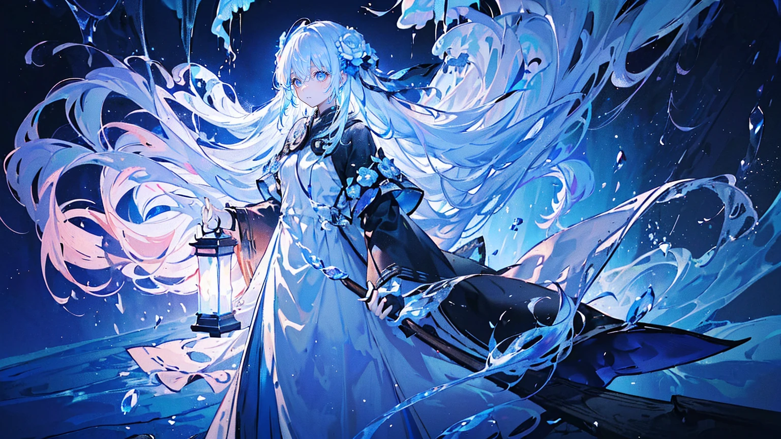 (Super detailed)),((illustration))，((masterpiece)),(((need))),((fine、Highest quality CG Unity 8K wallpapers，masterpiece），（（4K，masterpiece，best quality）），A woman about  with long blue and white hair，Floating hair，Red pupil，Blue and white robe，Inside are transparent, glowing tentacles，Black Silk，Standing on a wooden plank above the sea，Raise your right hand slightly，Cold，Rough Seas，There are many lanterns floating in the sky，Lotus flowers floating on the sea，End of the World，There are swarms of jellyfish of all sizes floating in the sky，Manipulating water，Full body picture，individual