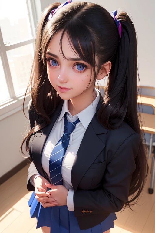 a beautiful girl in , 1girl, long black hair, brown eyes, twintails, wearing a blue blazer, tie, and short skirt with knee-high socks, standing alone in a university classroom, looking at the viewer with an excited, mischievous smile, (best quality, 8k, highres, masterpiece:1.2), (realistic, photorealistic:1.37), hyper detailed, studio lighting, physically-based rendering, vivid colors, extremely detailed face and eyes, long eyelashes, high quality portrait, university anatomy club scene