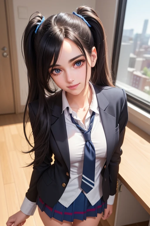 a beautiful girl in , 1girl, long black hair, brown eyes, twintails, wearing a blue blazer, tie, and short skirt with knee-high socks, standing alone in a university classroom, looking at the viewer with an excited, mischievous smile, (best quality, 8k, highres, masterpiece:1.2), (realistic, photorealistic:1.37), hyper detailed, studio lighting, physically-based rendering, vivid colors, extremely detailed face and eyes, long eyelashes, high quality portrait, university anatomy club scene