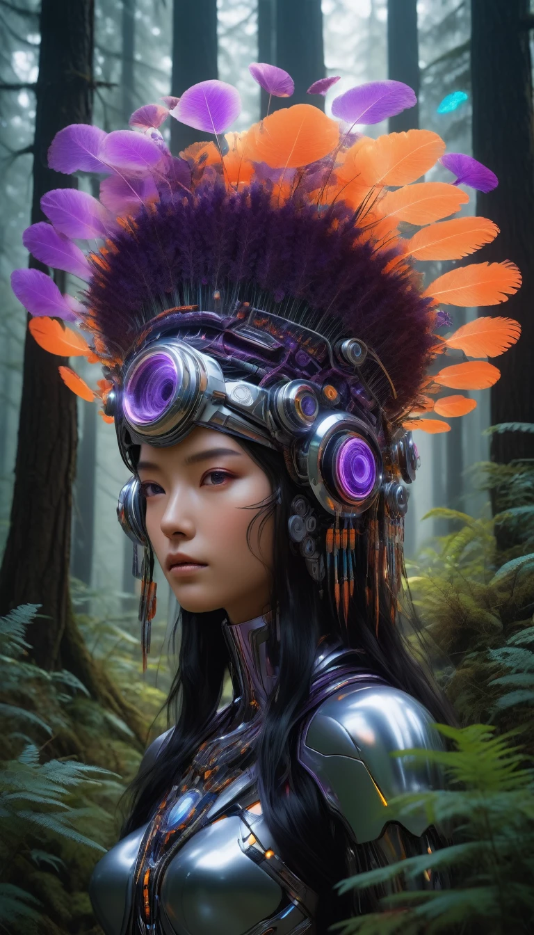 A tumbling tilt-shifting triple exposure of a cybernetic polypore eccentric jellyfish prototype enhancement featuring a female Native American robot with a traditional indigenous headdress made of metallic feathers. She is hacking the mycelium network in a warped perspective with a forest exposure. The robot has a sleek, metallic body adorned with intricate chipset connection lines, with colors of orange, dark purple, blacklight, and silver metallic with chromed parts. The forest has natural textures and aspects but with chromed colors and chipsets embedded in the tree trunks, giving the appearance of human-made creations. The scene is ethereal and futuristic, highlighting the robot's graceful interaction with the technologically enhanced nature. --ar 16:9 --v 5