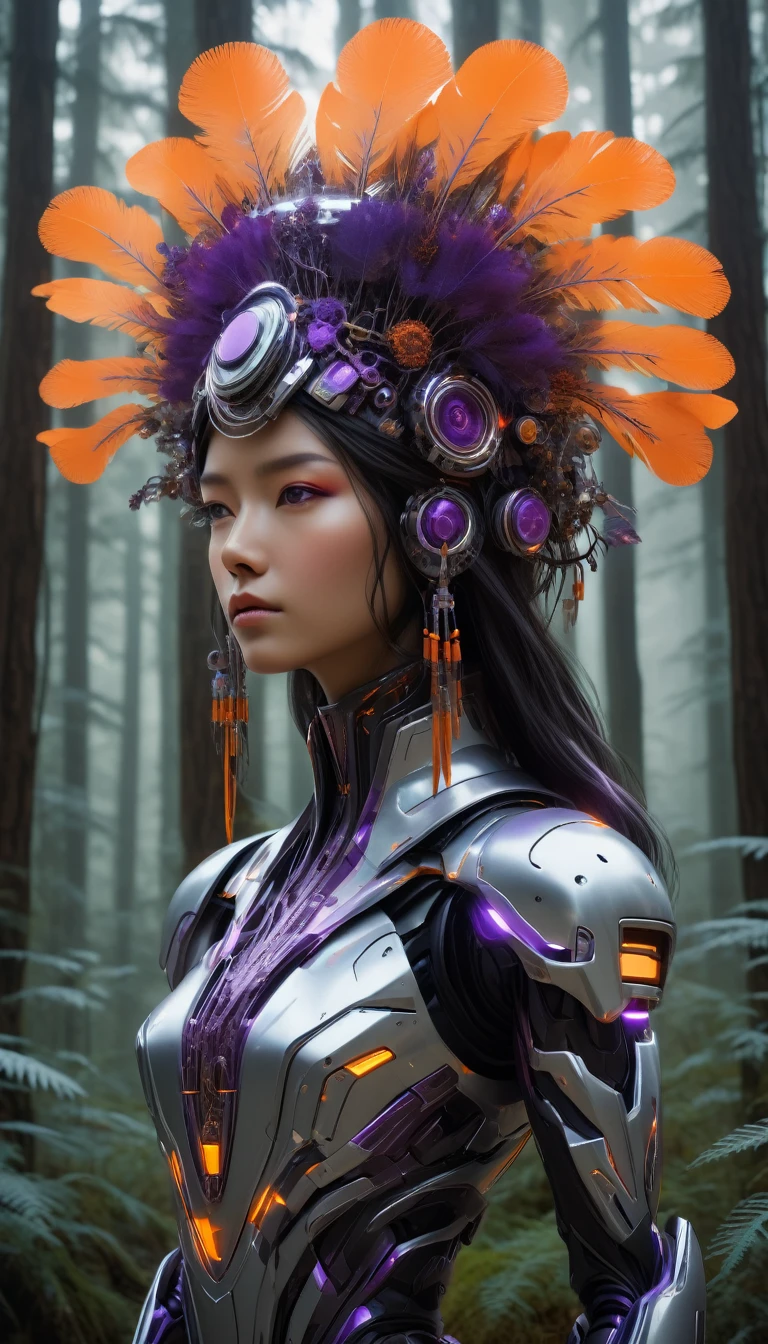 A tumbling tilt-shifting triple exposure of a cybernetic polypore eccentric jellyfish prototype enhancement featuring a female Native American robot with a traditional indigenous headdress made of metallic feathers. She is hacking the mycelium network in a warped perspective with a forest exposure. The robot has a sleek, metallic body adorned with intricate chipset connection lines, with colors of orange, dark purple, blacklight, and silver metallic with chromed parts. The forest has natural textures and aspects but with chromed colors and chipsets embedded in the tree trunks, giving the appearance of human-made creations. The scene is ethereal and futuristic, highlighting the robot's graceful interaction with the technologically enhanced nature. --ar 16:9 --v 5