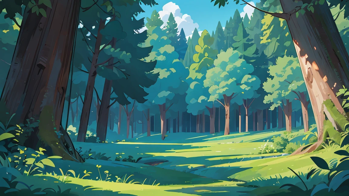 A beautiful forest seen from front, background, mid-height shot, blue sky, not shadows, flat color, masterpiece, cinematic view, best quality, 1990s style