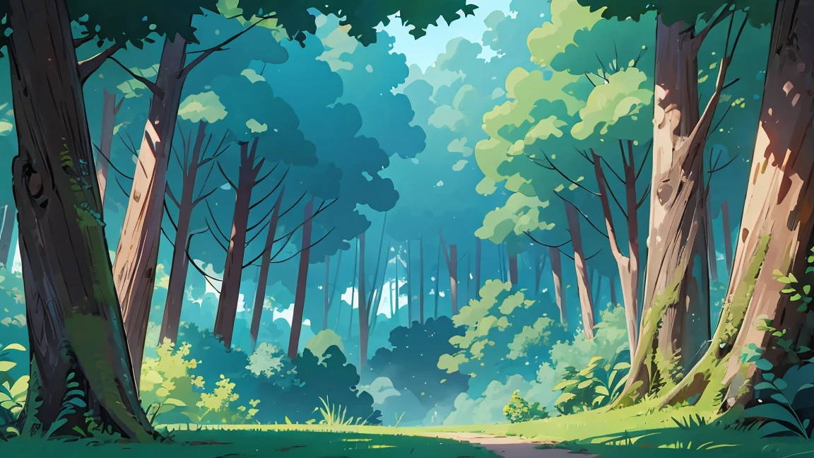A beautiful forest seen from front, background, mid-height shot, blue sky, not shadows, flat color, masterpiece, cinematic view, best quality, 1990s style
