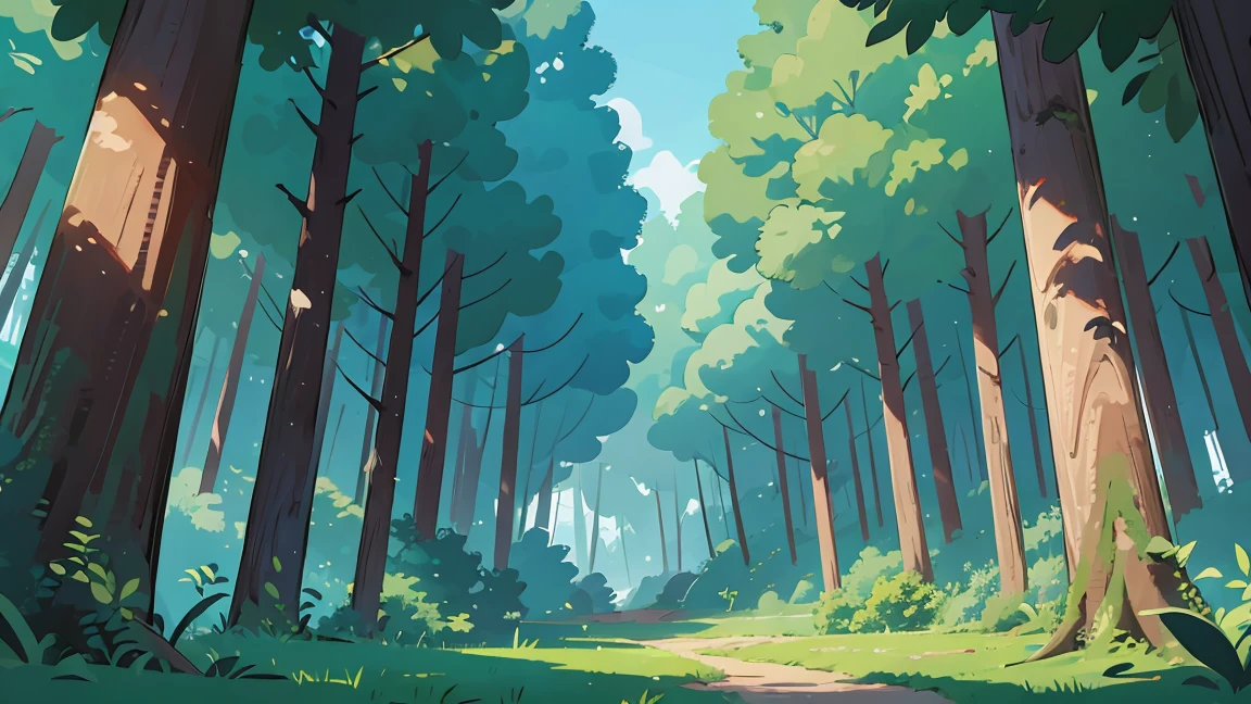 A beautiful forest seen from front, background, mid-height shot, blue sky, not shadows, flat color, masterpiece, cinematic view, best quality, 1990s style