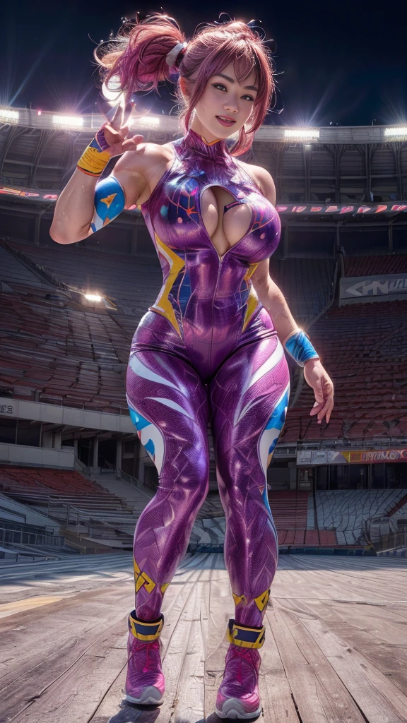 Female professional wrestler、Fighting Pose、expensive、Wacky costumes、Unusual hairstyle、Unusual hair colour、smile、((In the Ring))、((Spotlight))、(((Big stadium)))、((Super big breasts))、((Super tight costume))、Wristband、(((A flashy costume with a bizarre pattern)))、((Elbow Support))、((Knee support))、I can see your muscles、Hairstyle with bangs、((Sweat))、((Match venue))、Very beautiful woman、((Female Athletes))、(Detailed face)、Realistic Skin、((Delicate photo)),(Girl masterpiece RAW photo details:1.25), (Highest quality:1.6), (Ultra-high resolution:1.5), (Realistic:1.75), 8K resolution,50mm, Absurd, Super detailed,Cinema Lighting、