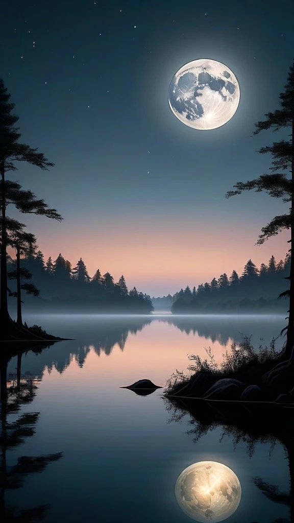 {
  "prompt": "A bright full moon illuminating the night sky, reflected perfectly on a calm lake. The reflection creates a mirror-like, almost magical effect on the water's surface. The scene exudes tranquility and introspection, with the moon shining brightly at the center of the lake. Surrounding the lake, there are softly shadowed trees and dark vegetation, possibly with a touch of light mist. The environment should evoke a sense of peace and a hint of mystery, with the moon as the central focal point capturing attention.",
  "size": "1792x1024"
